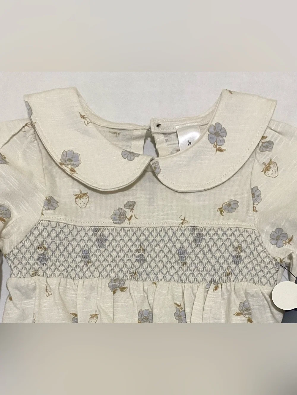 Modern Moments 12M Smocked Cotton Cream Blue Floral Bubble Romper Boho Fall